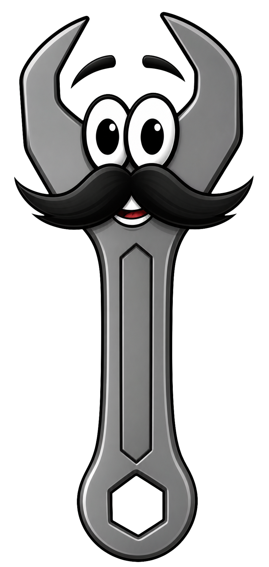 Mr. Wrenchie, a smiling silver wrench with bright eyes and a big curly black moustache.
